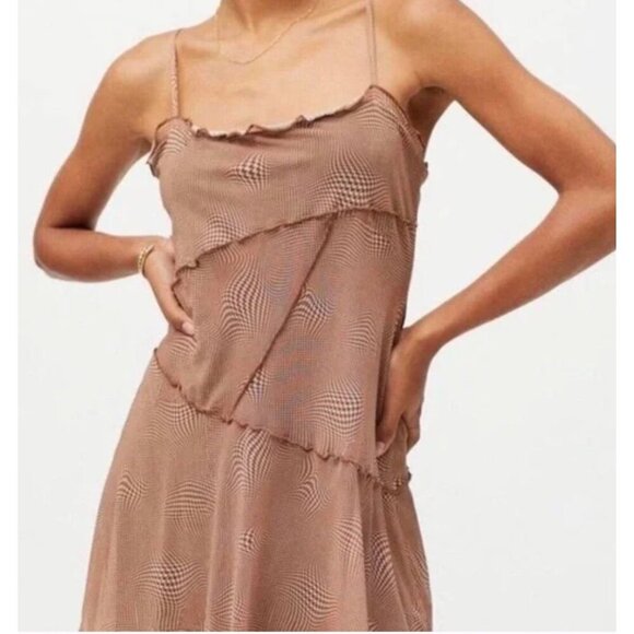 Urban Outfitters Moxie Mesh Mini Slip Dress Brown Size L Lined Casual Travel - Picture 2 of 12